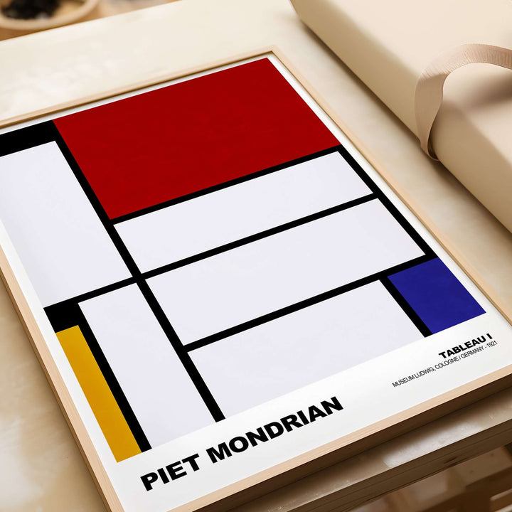 Piet Mondrian Tableau I 1921 abstract geometric poster with red, blue, yellow, and black accents.