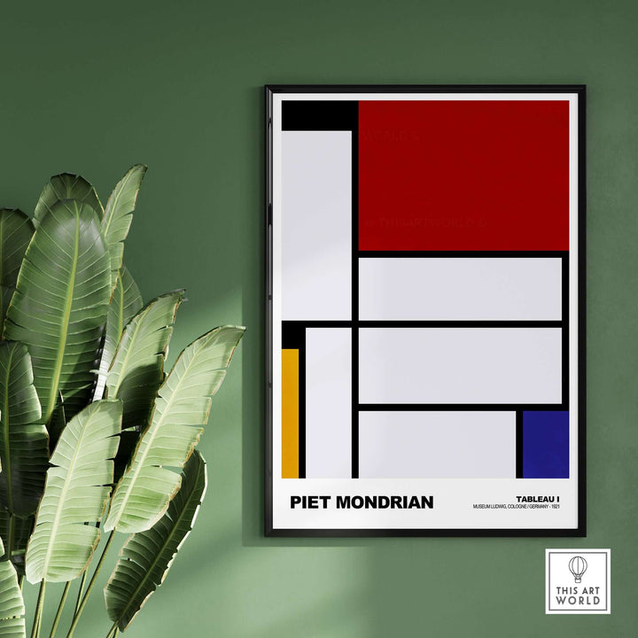 Piet Mondrian Tableau I 1921 poster featuring geometric abstraction in red, blue, yellow, black, and white.