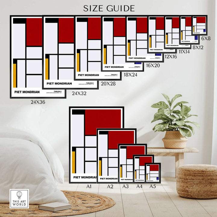 Size guide for Piet Mondrian Tableau I art prints showcasing various dimensions and geometric designs.
