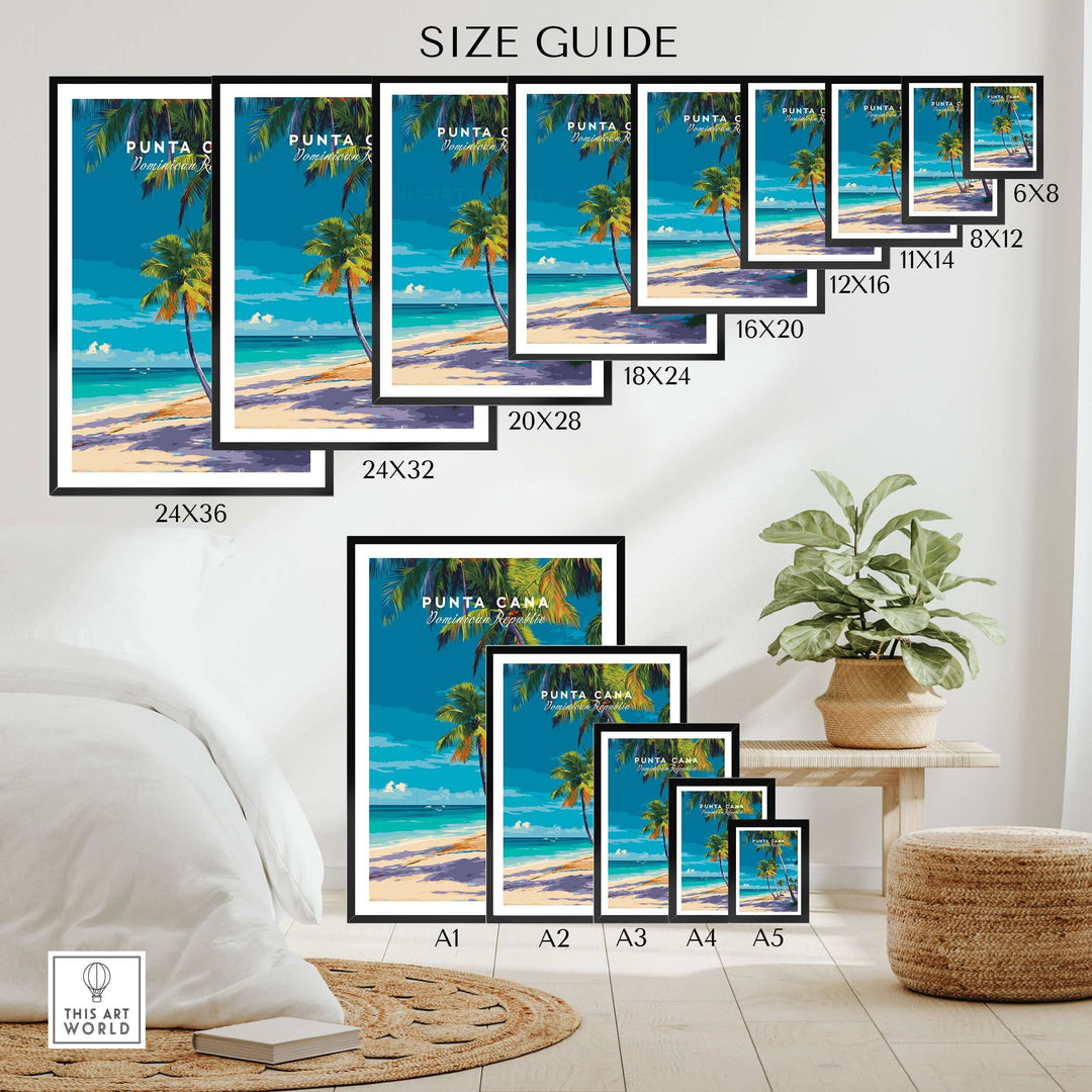 Size guide for Punta Cana palm tree beach poster wall art in various frame sizes.
