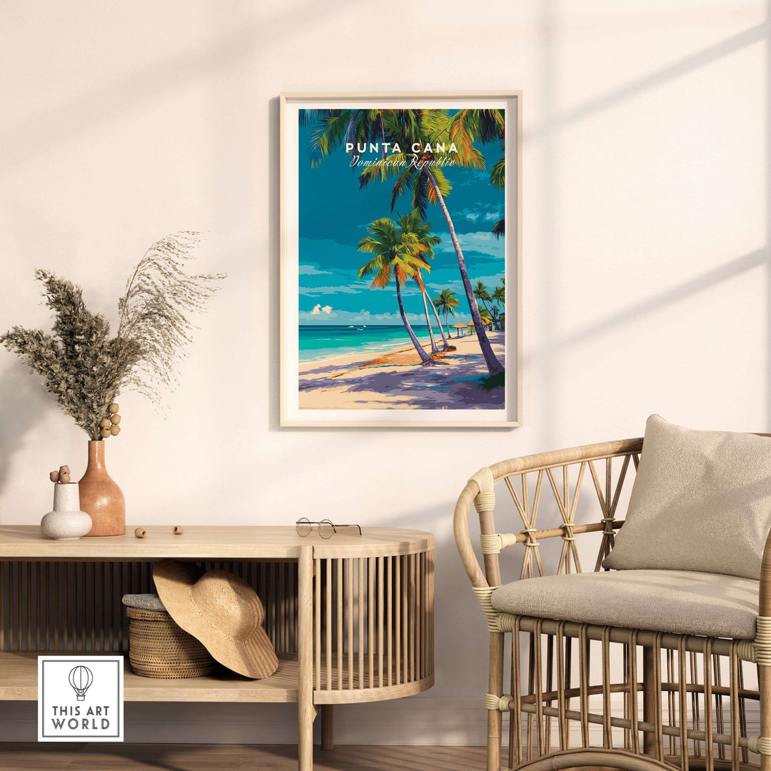 Punta Cana Dominican Republic palm tree beach poster in a stylish home setting, featuring vibrant tropical colors.
