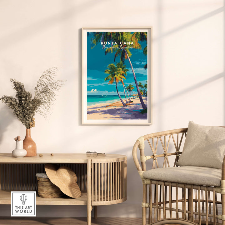 Punta Cana Dominican Republic palm tree beach poster in a stylish home setting, featuring vibrant tropical colors.