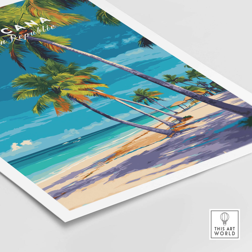 Punta Cana palm tree beach poster, vibrant tropical wall art showcasing Dominican Republic's pristine coastline.