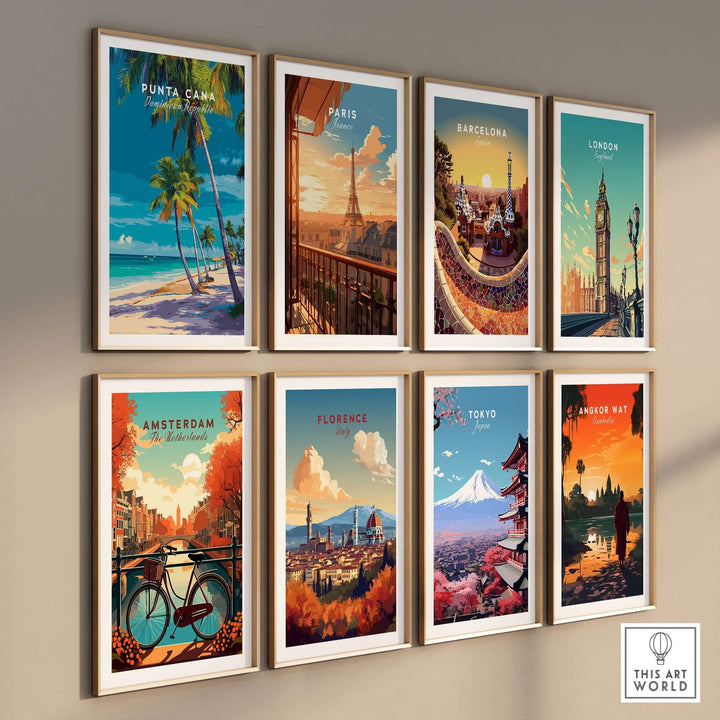 Gallery wall of travel posters featuring Punta Cana, Paris, Barcelona, London, Amsterdam, Florence, Tokyo, and Angkor Wat.