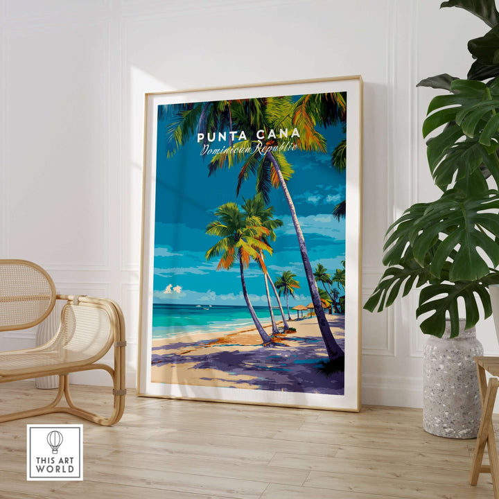 Punta Cana tropical palm tree beach poster in a modern interior setting, vibrant Caribbean wall art.