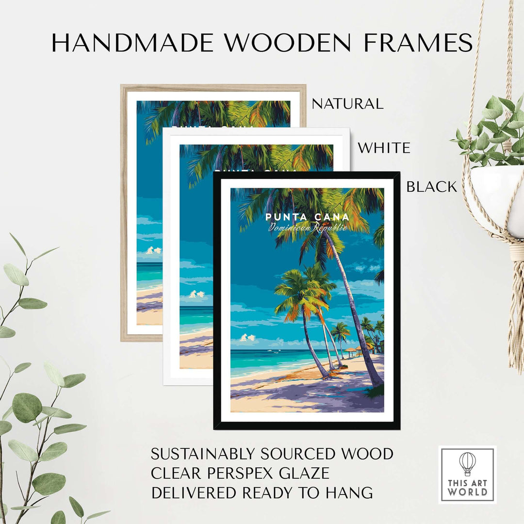 Handmade wooden frames for Punta Cana beach poster in natural, white, and black options, made with sustainable materials.