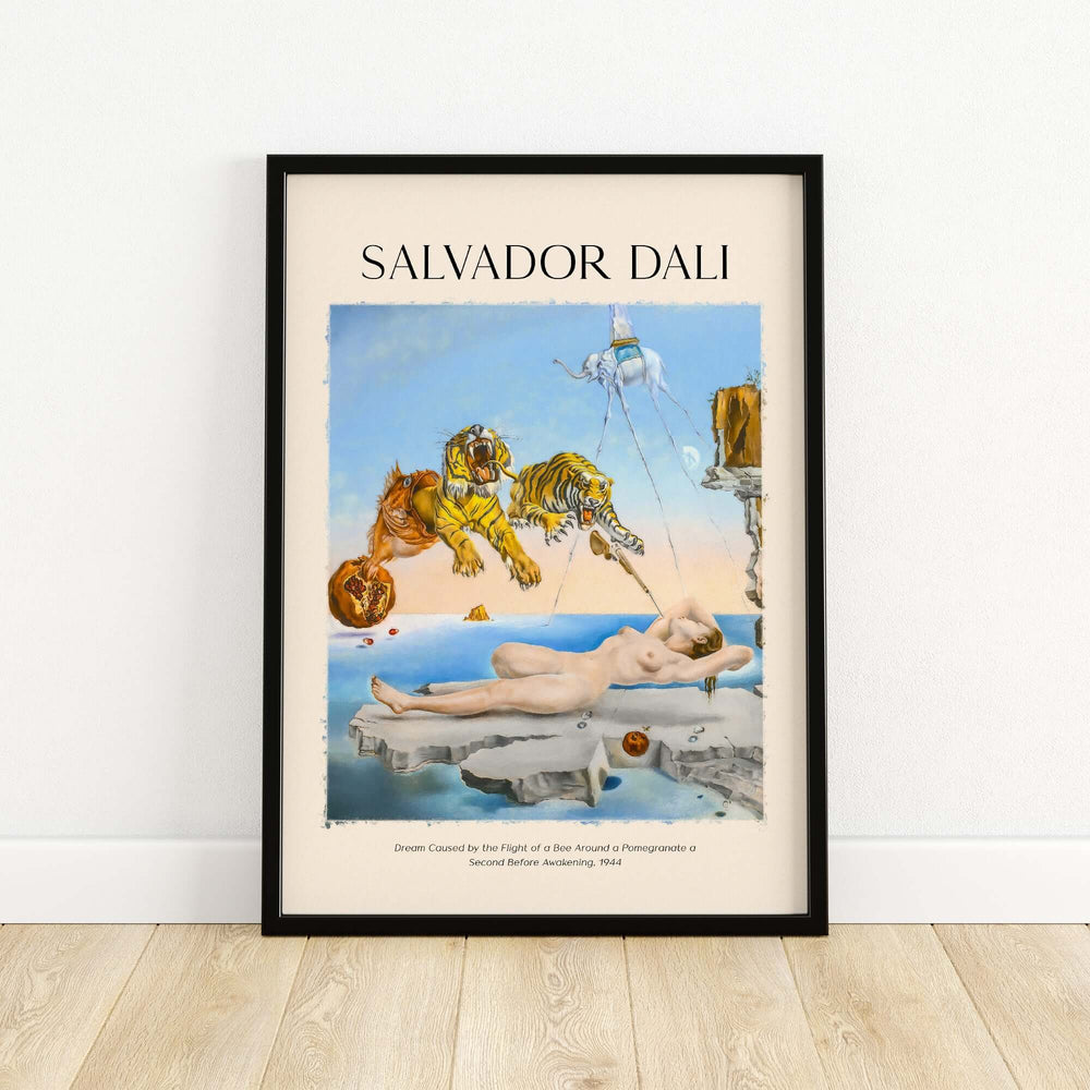 Salvador Dali 'Dream Caused by the Flight of a Bee' art print featuring tigers, a nude figure, and surreal elements.