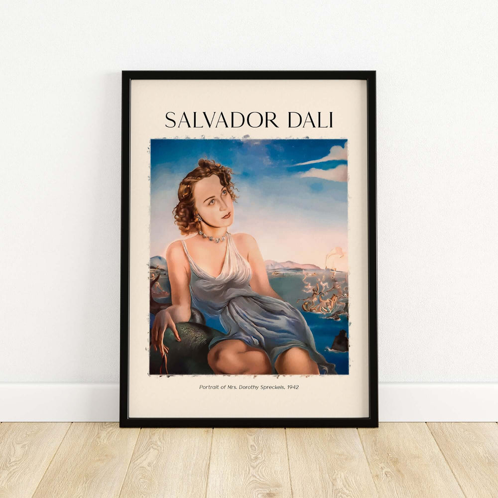 Salvador Dali 1942 art print of Mrs. Dorothy Spreckels against a surreal seascape backdrop.