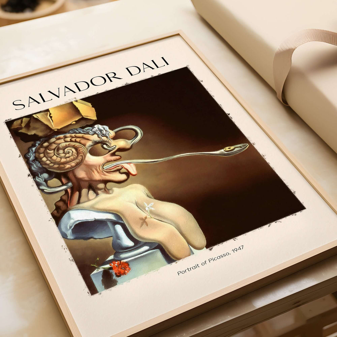 Salvador Dali Portrait of Picasso 1947 Surrealist art print featuring grotesque elements and vivid details.