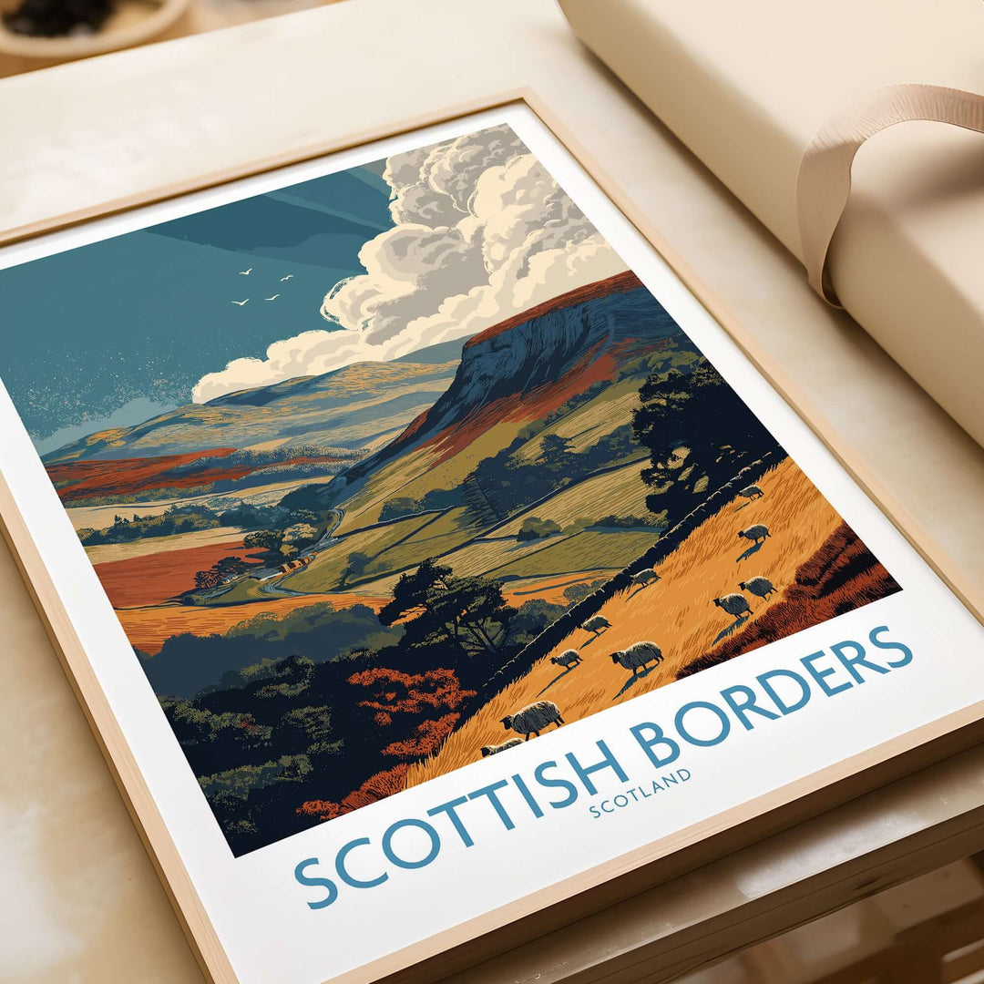 Scotland landscape poster featuring rolling hills, sheep, and dramatic clouds in Scottish Borders design.