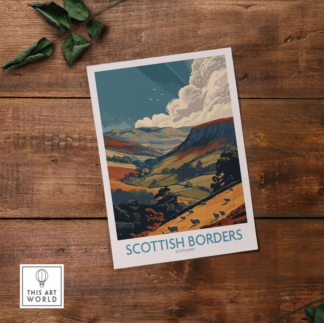 Scotland Valley landscape travel print featuring sheep and hills, Scottish Borders wall art decor.