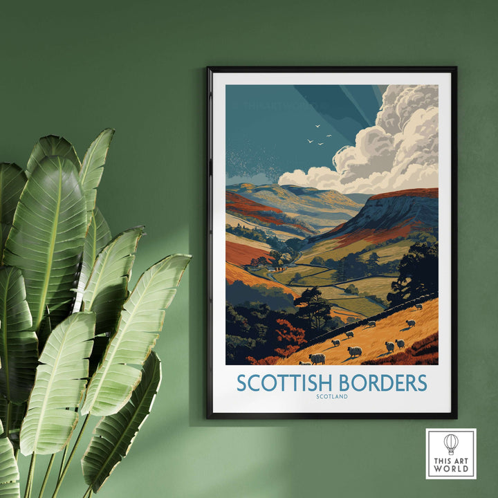 Scottish Borders landscape art print featuring rolling hills and sheep, perfect for wall decor.