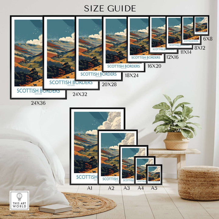 Size guide for Scotland Valley landscape prints, showcasing dimensions and poster designs with sheep and Scottish Borders scenery.