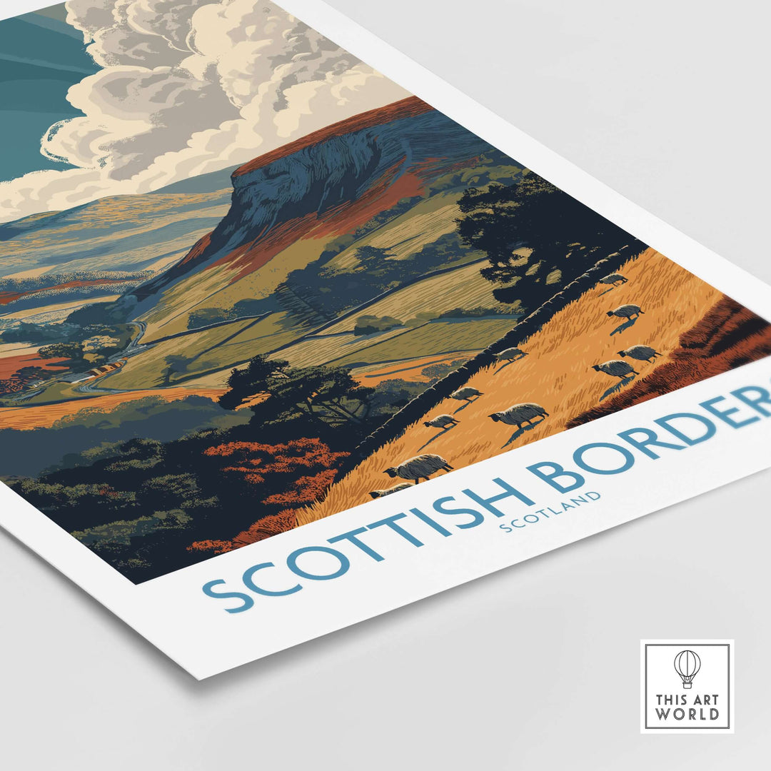 Scotland landscape print featuring hills, sheep, and vibrant colors, ideal for wall decor.