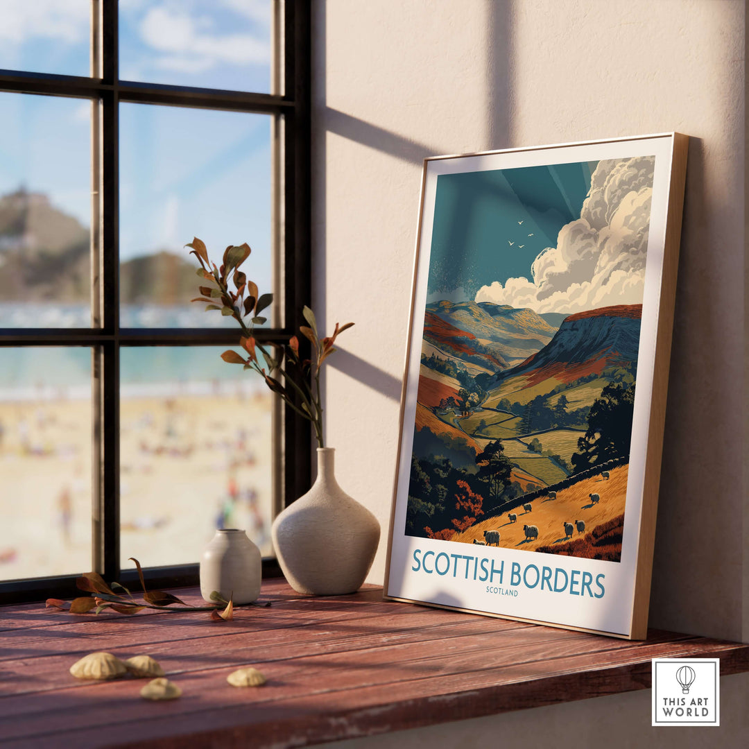 Framed travel print of Scottish Borders landscape featuring rolling hills and sheep, perfect for wall art decor.