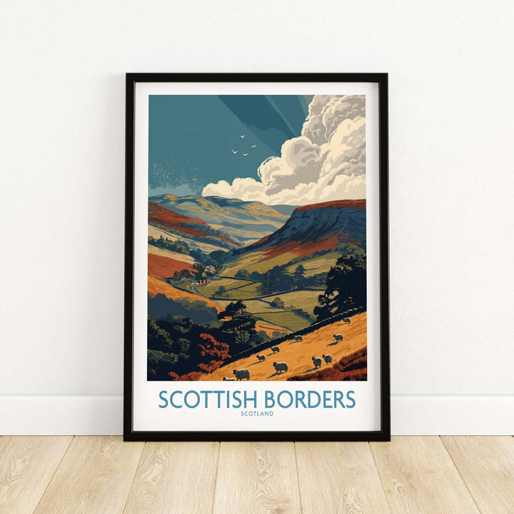 Scottish Borders landscape print featuring hills, clouds, and sheep in vibrant colors. Perfect wall art decor.