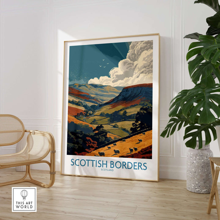 Scottish Borders travel print showcasing vibrant hills, sheep, and dramatic clouds in a stylish living space decor.