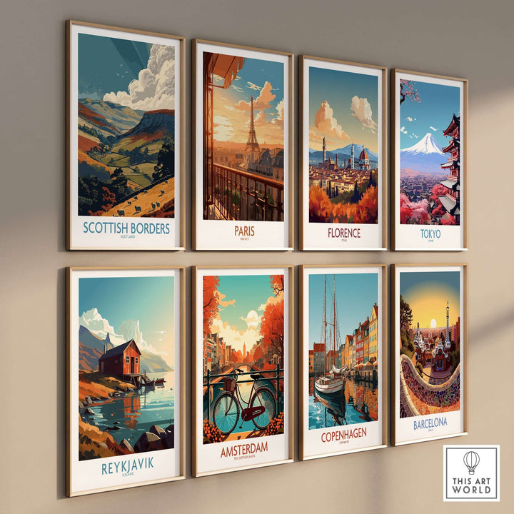 Gallery of travel posters featuring landscapes and cities: Scottish Borders, Paris, Florence, Tokyo, Reykjavik, Amsterdam, Copenhagen, Barcelona.