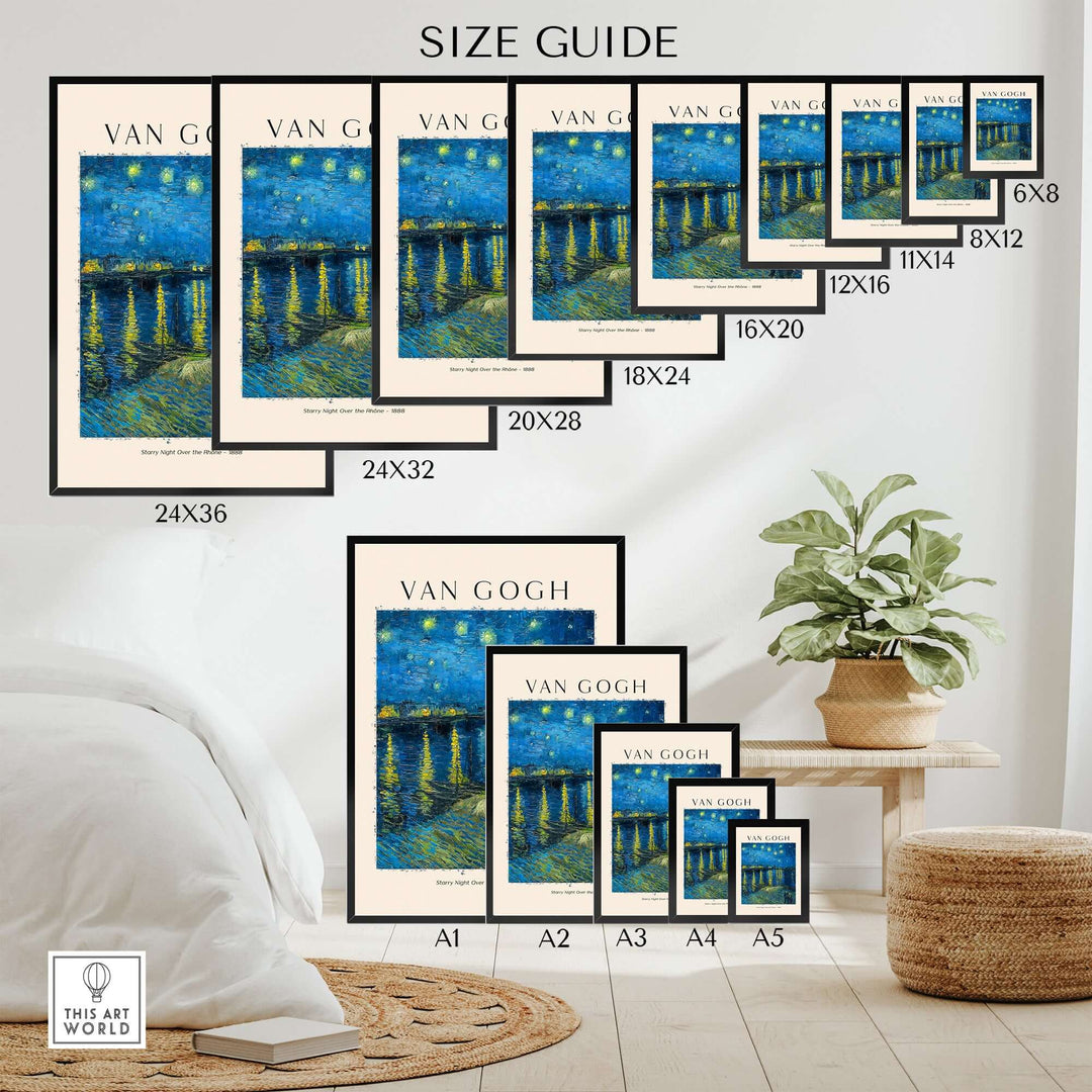 Size guide for Vincent van Gogh Starry Night print showing various frame sizes in a stylish home setting.