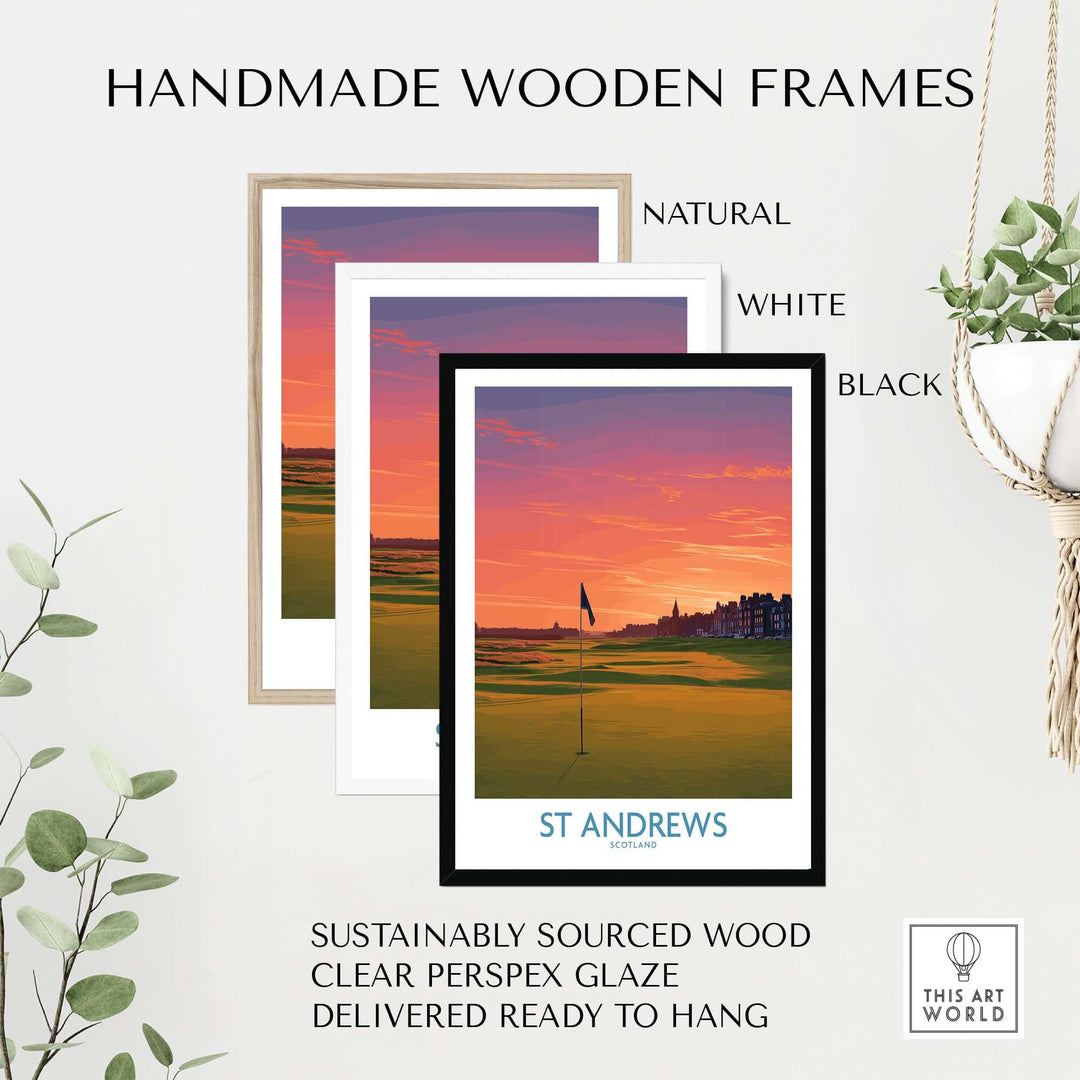 Handmade wooden frames for St Andrews golf course art in natural, white, and black finishes, ready to hang.
