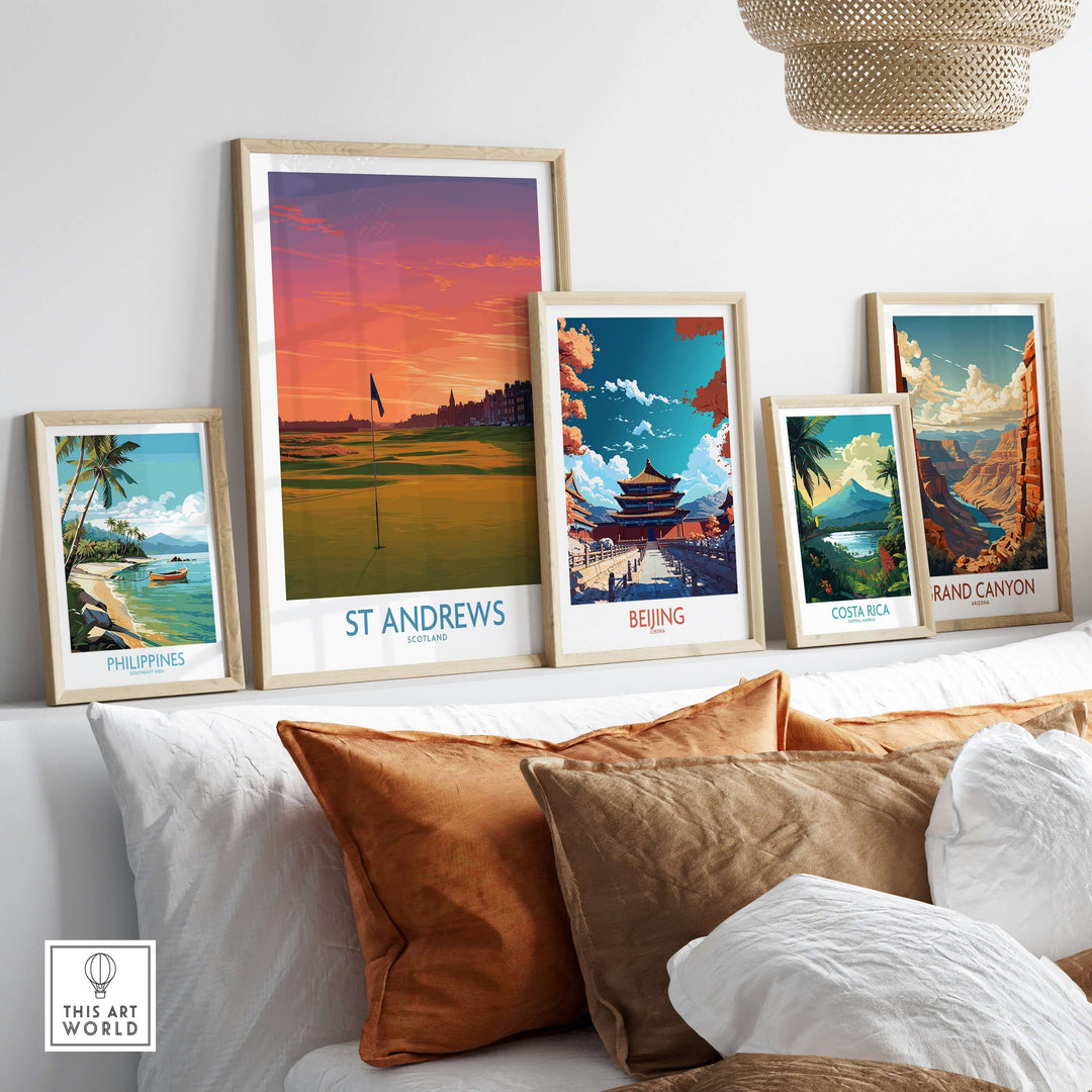 St Andrews Historic Golf Course Wall Art displayed with travel posters on a cozy couch.