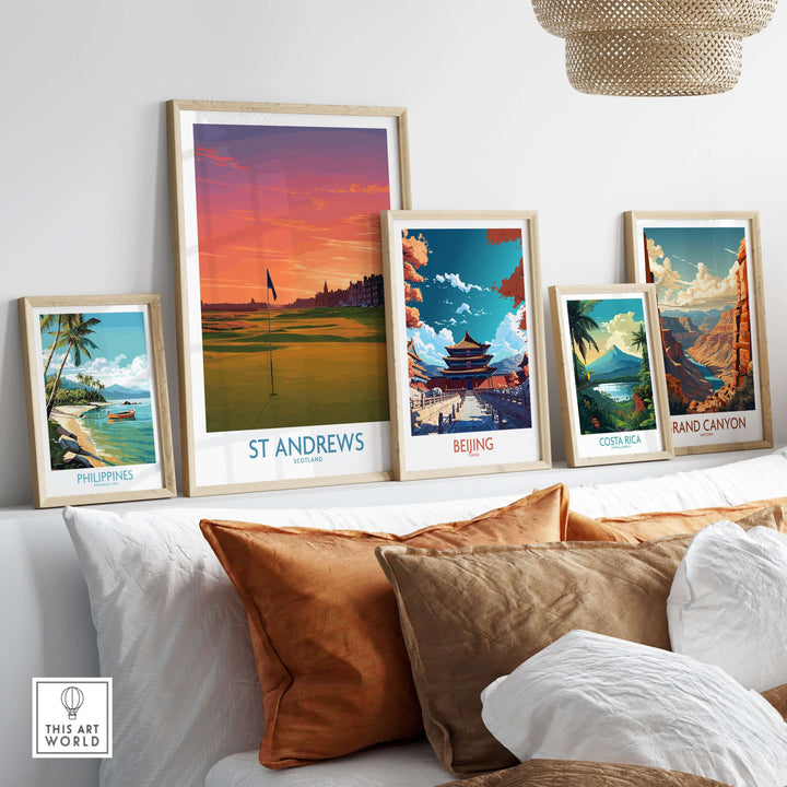 St Andrews Historic Golf Course Wall Art displayed with travel posters on a cozy couch.