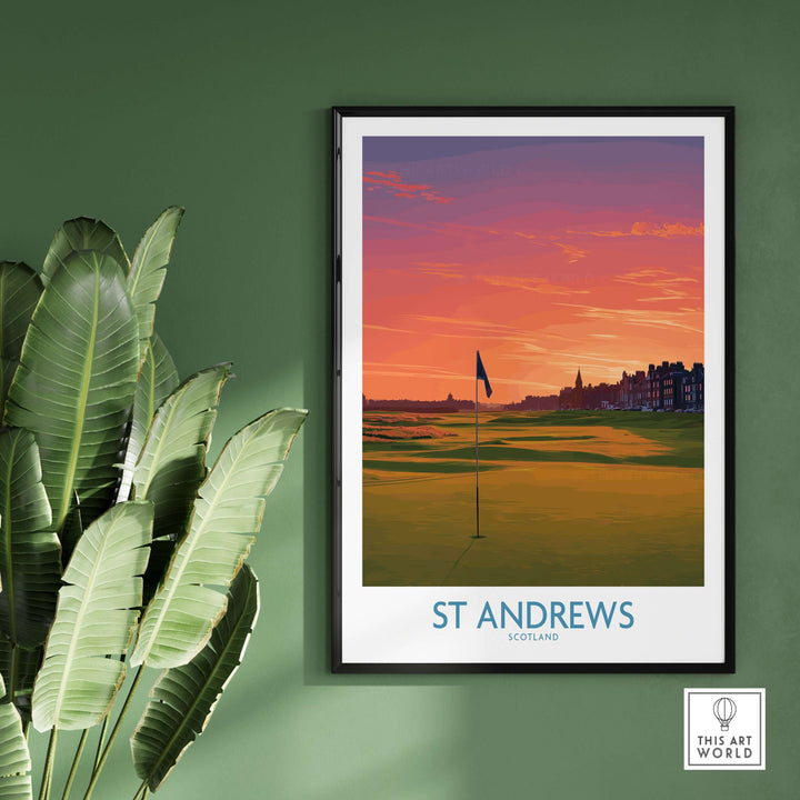 St Andrews Scotland golf course wall art print featuring a sunset sky and iconic flag on the green.