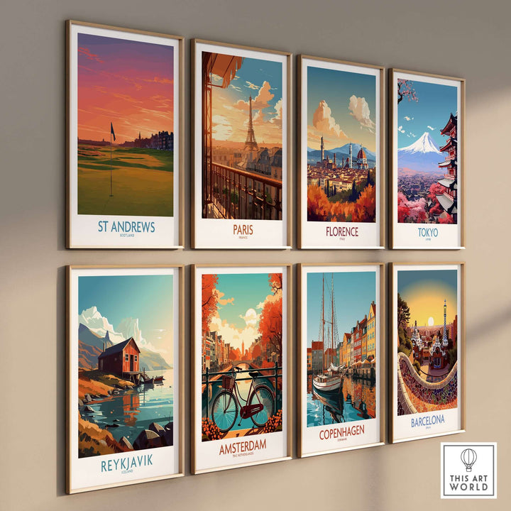 Gallery of vintage city posters including St Andrews, Paris, Florence, and Barcelona, showcasing iconic landmarks.