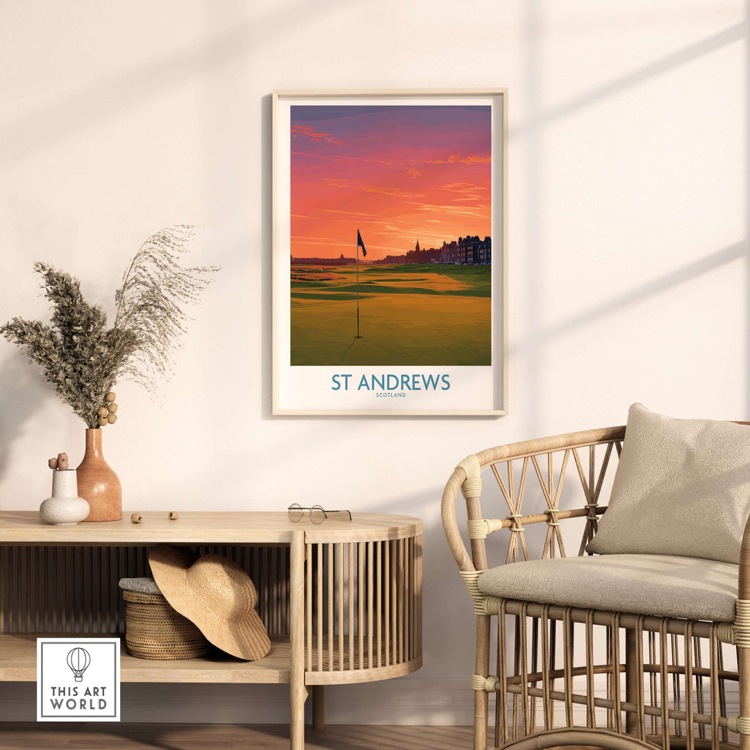 St Andrews Scotland golf course wall art showcasing sunset, iconic clubhouse, and scenic fairways in a stylish interior setting.