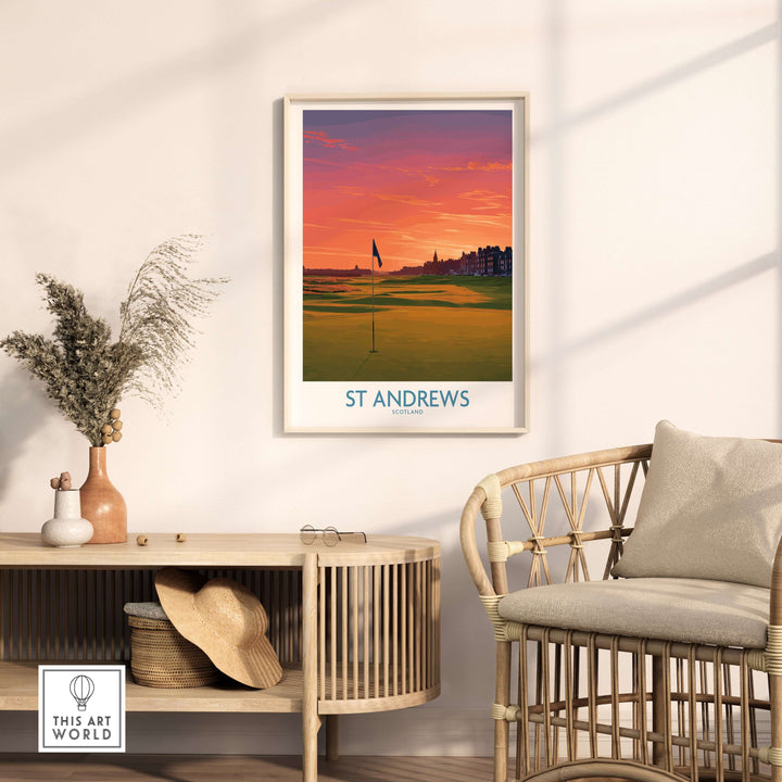 St Andrews Scotland golf course wall art showcasing sunset, iconic clubhouse, and scenic fairways in a stylish interior setting.
