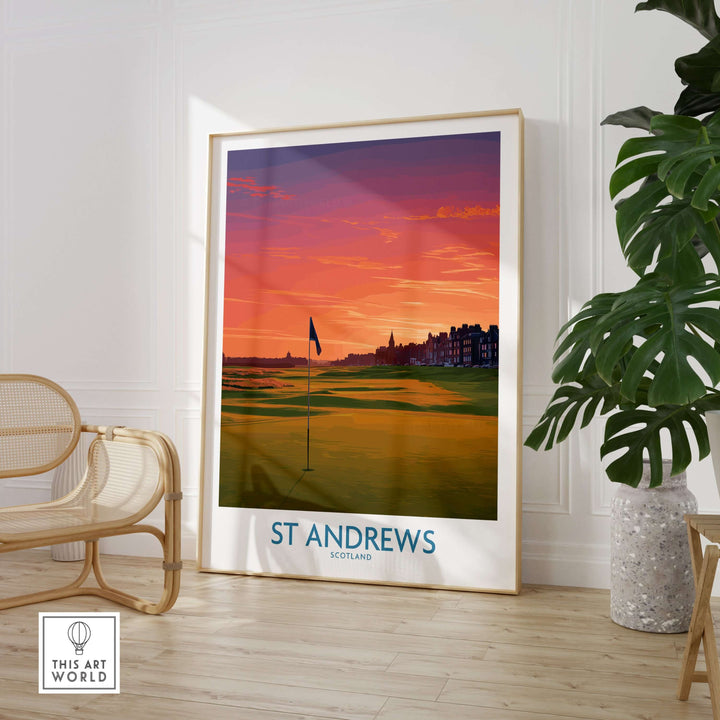 St Andrews Scotland Historic Golf Course wall art showcasing a sunset view with golf flag and iconic buildings