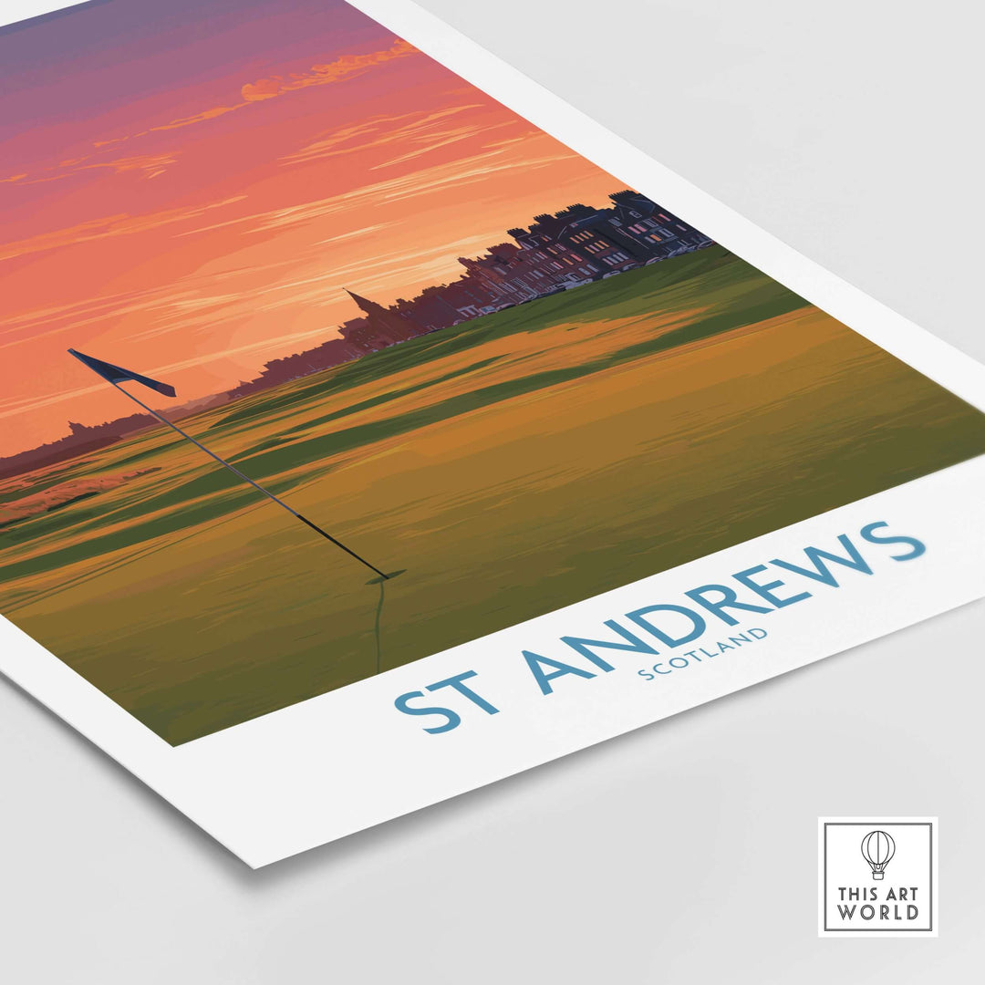 St Andrews Scotland golf course poster print with vibrant sunset colors and iconic architecture.