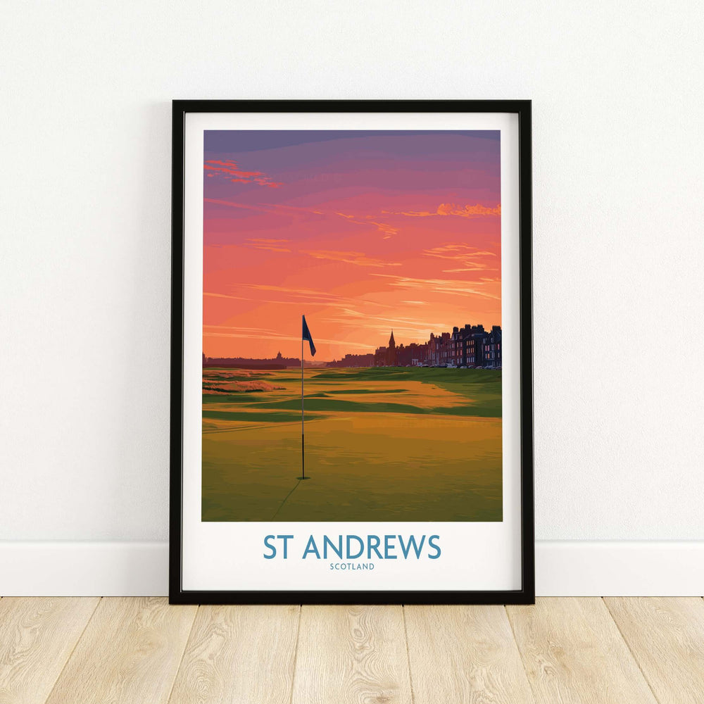 St Andrews Scotland golf course wall art featuring iconic landscape and vibrant sunset colors.