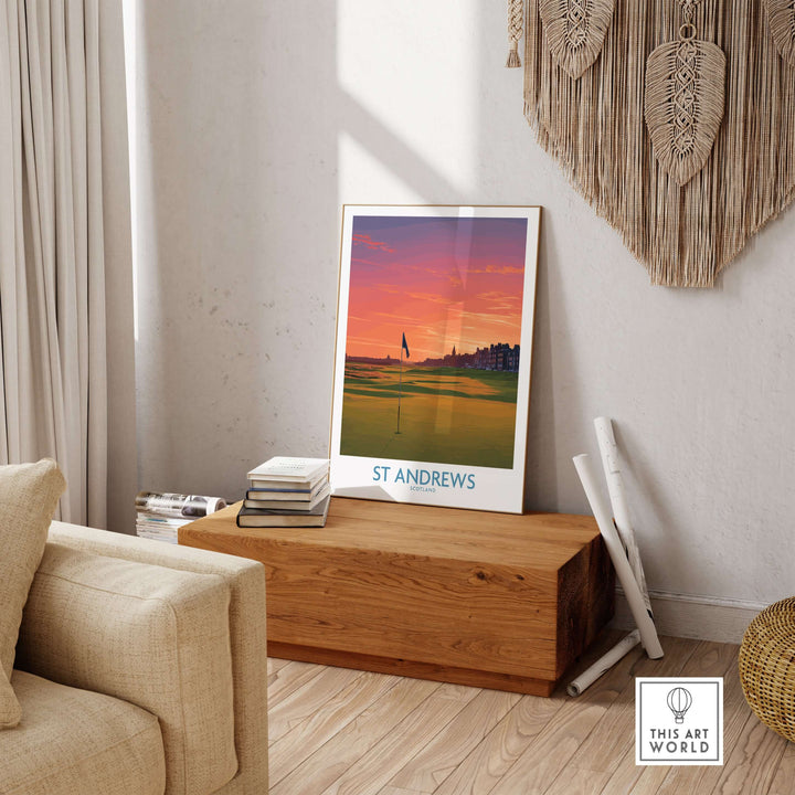 St Andrews Scotland Historic Golf Course wall art poster print displayed in cozy interior setting.
