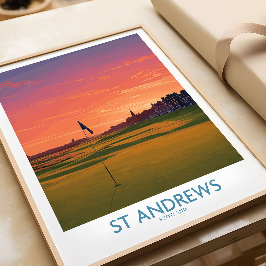 St Andrews historic golf course wall art poster print featuring sunset over green landscape.