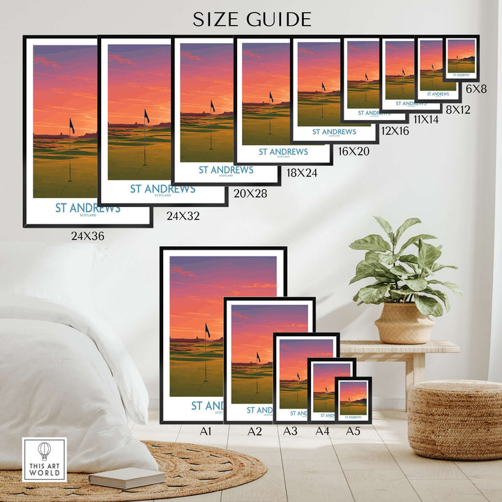 Size guide for St Andrews Scotland golf course wall art prints showcasing various dimensions and styles.