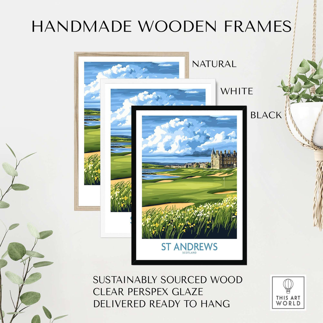 Handmade wooden frames in natural, white, and black for St Andrews wall art, showcasing sustainable materials and ready to hang.