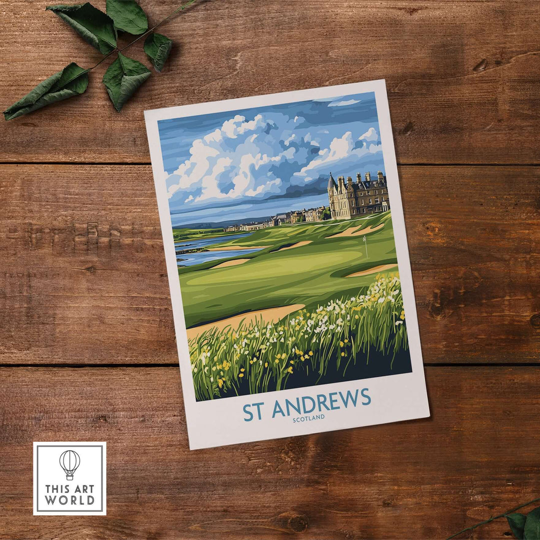 St Andrews Scotland Links Course wall art print showcasing iconic golf landscape and clubhouse.