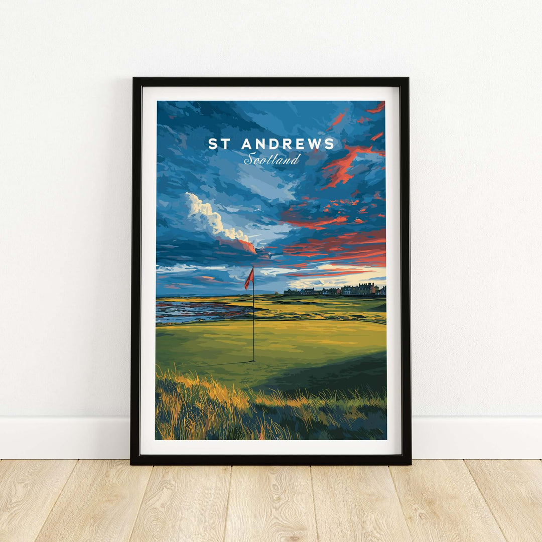 St Andrews Scotland golf course poster featuring vibrant skies and iconic landscape.