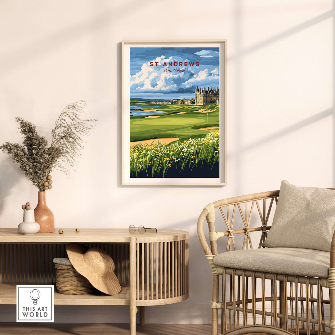 St Andrews Scotland golf landscape poster showcasing iconic course with vibrant colors and scenic views.