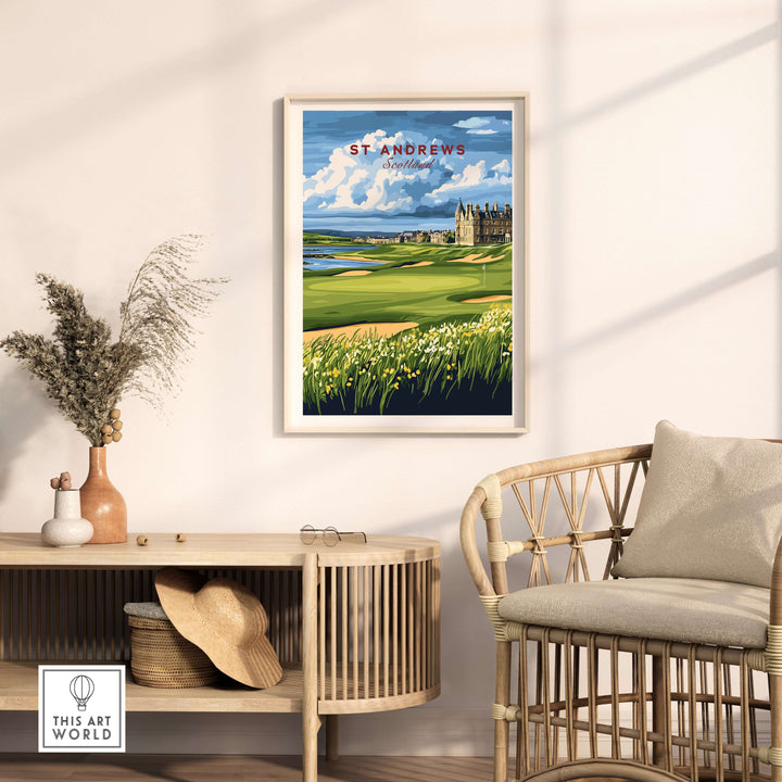 St Andrews Scotland golf landscape poster showcasing iconic course with vibrant colors and scenic views.