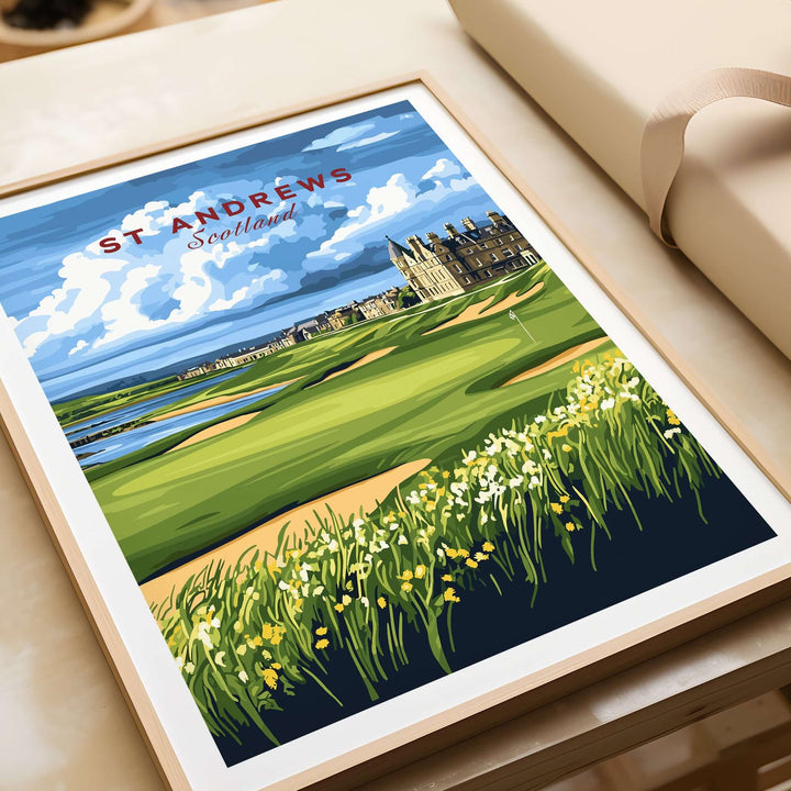 St Andrews Scotland sunset poster showcasing iconic golf course landscape with vibrant colors and classic architecture.