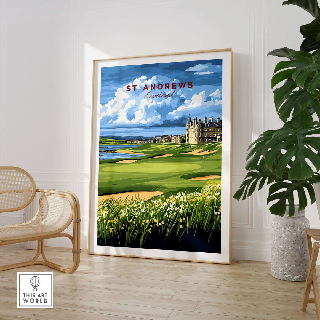 St Andrews Scotland Old Course poster showcasing golf landscape with blue skies and greenery, perfect for golf lovers.