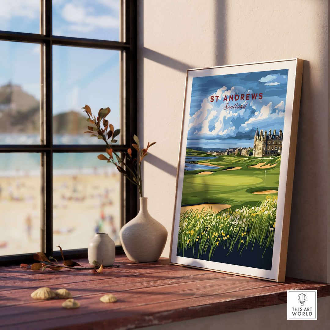 St Andrews Scotland Old Course sunset poster framed on a wooden table, showcasing iconic golf landscape with coastal view.