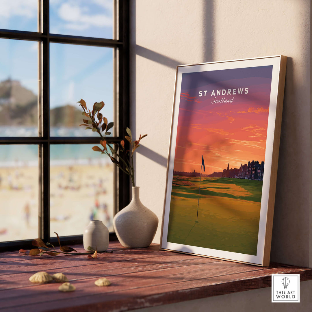 St Andrews Wall Art poster featuring sunset over historic golf course in Scotland, decorated by vibrant colors.