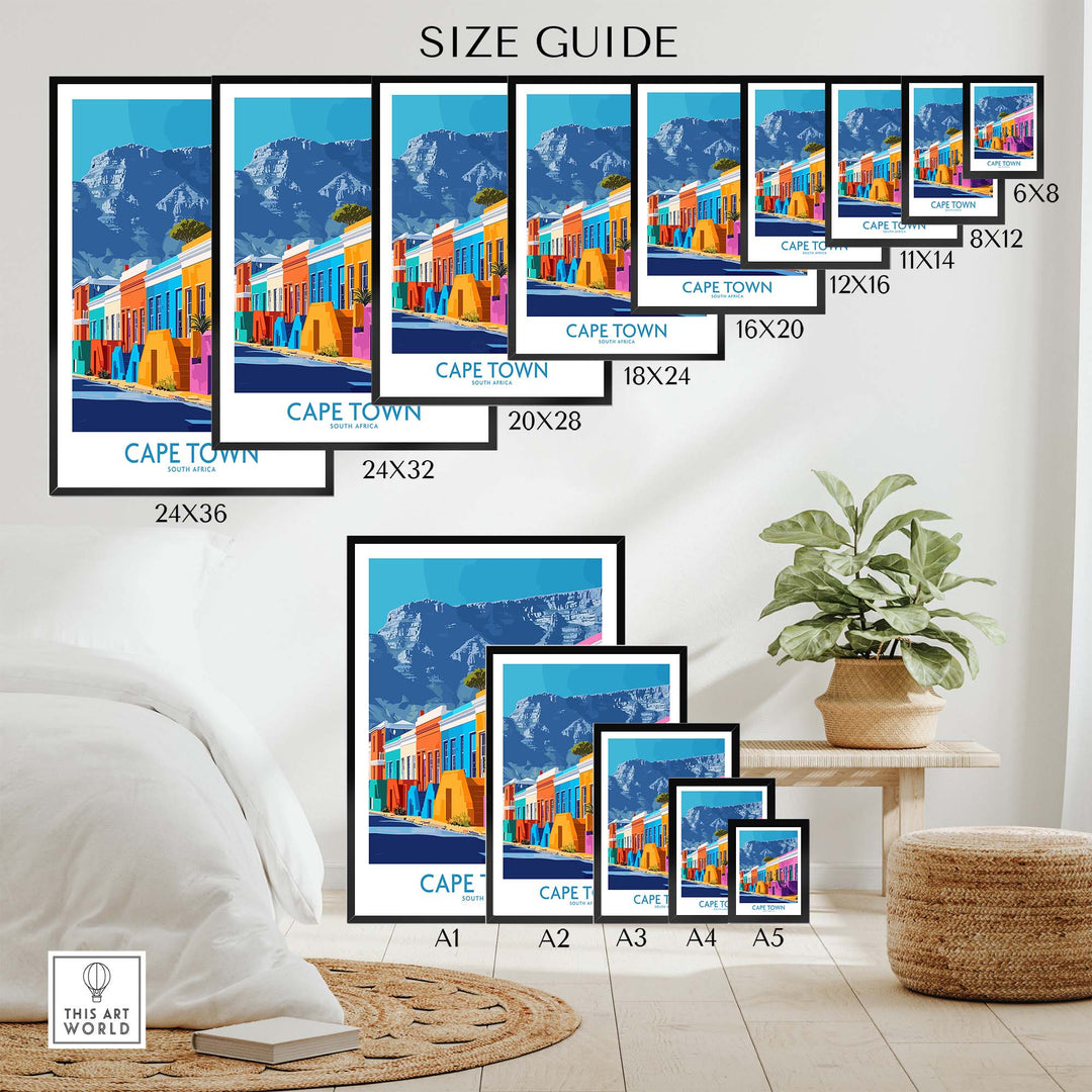 Size guide for Table Mountain Cape Town poster showcasing various frame sizes in a stylish home setting.