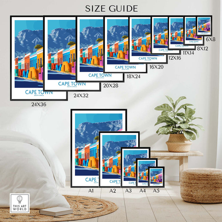Size guide for Table Mountain Cape Town poster showcasing various frame sizes in a stylish home setting.