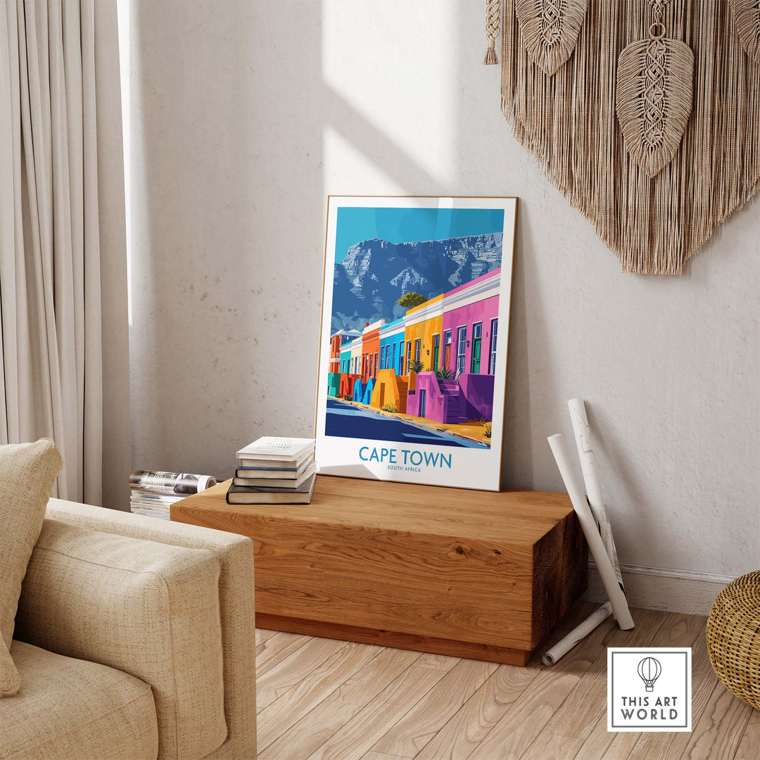 Colorful Cape Town poster featuring Table Mountain in a stylish living room setting, enhancing home decor with a travel theme.