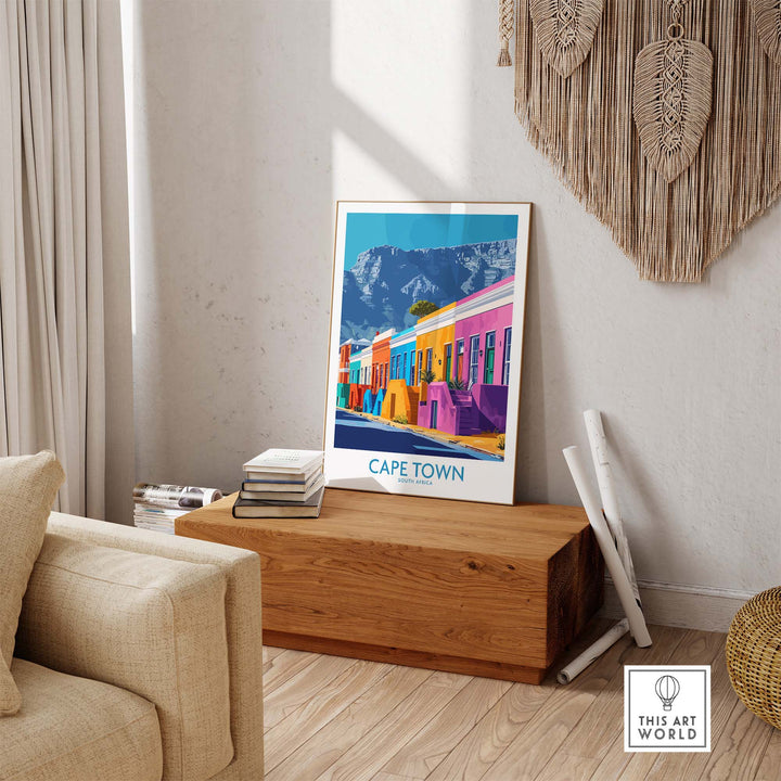 Colorful Cape Town poster featuring Table Mountain in a stylish living room setting, enhancing home decor with a travel theme.