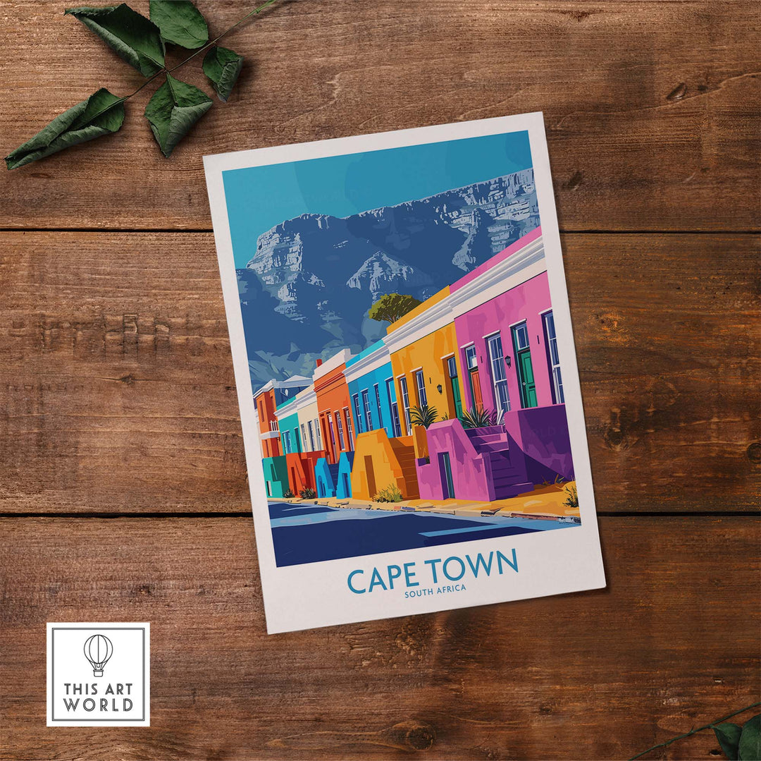 Vibrant Table Mountain Cape Town poster showcasing colorful buildings and iconic landscape in South Africa.